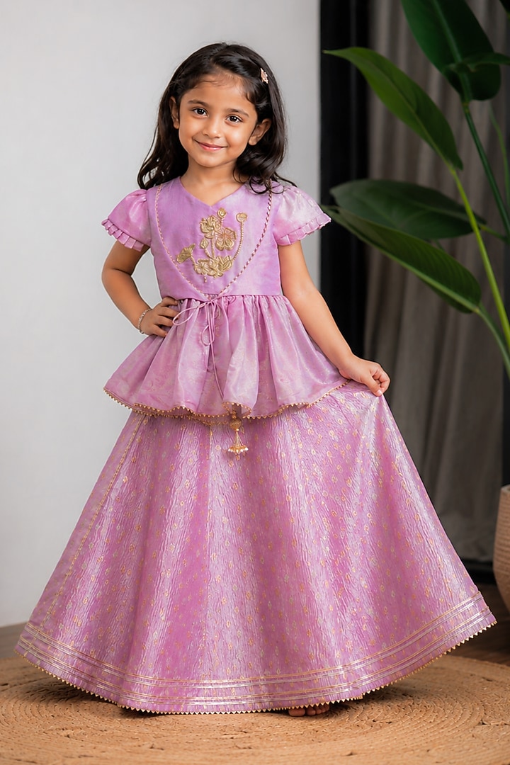 Purple Banarasi Zari Embroidered Lehenga Set For Girls by Li'l Angels at Pernia's Pop Up Shop