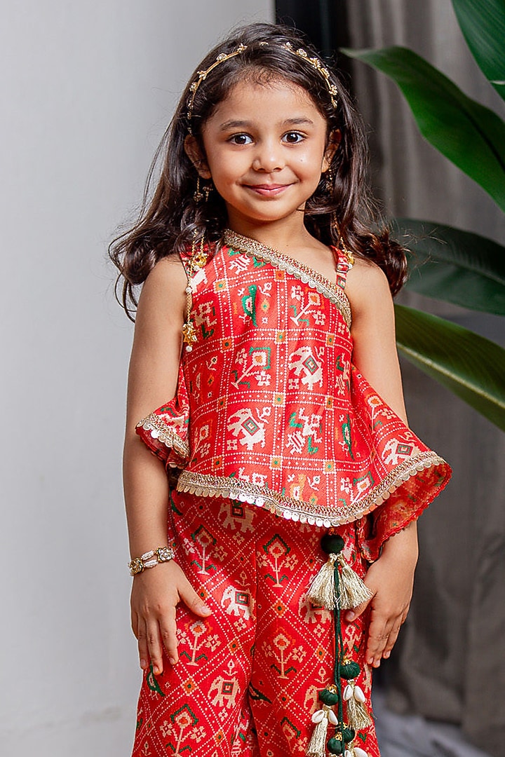 Red Zarna Silk Pant Set For Girls by Li'l Angels at Pernia's Pop Up Shop
