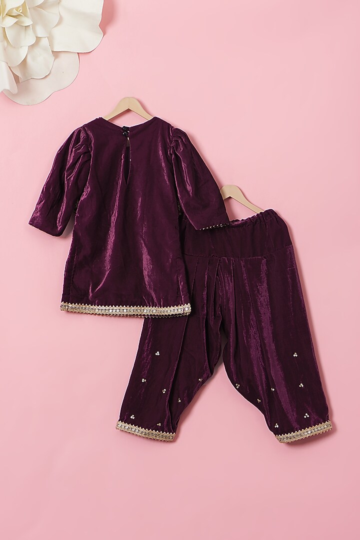 Wine Velvet Kurta Set For Girls by Li'l Angels at Pernia's Pop Up Shop