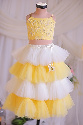 Yellow & White Net Frilled Lehenga Set For Girls by Li'l Angels