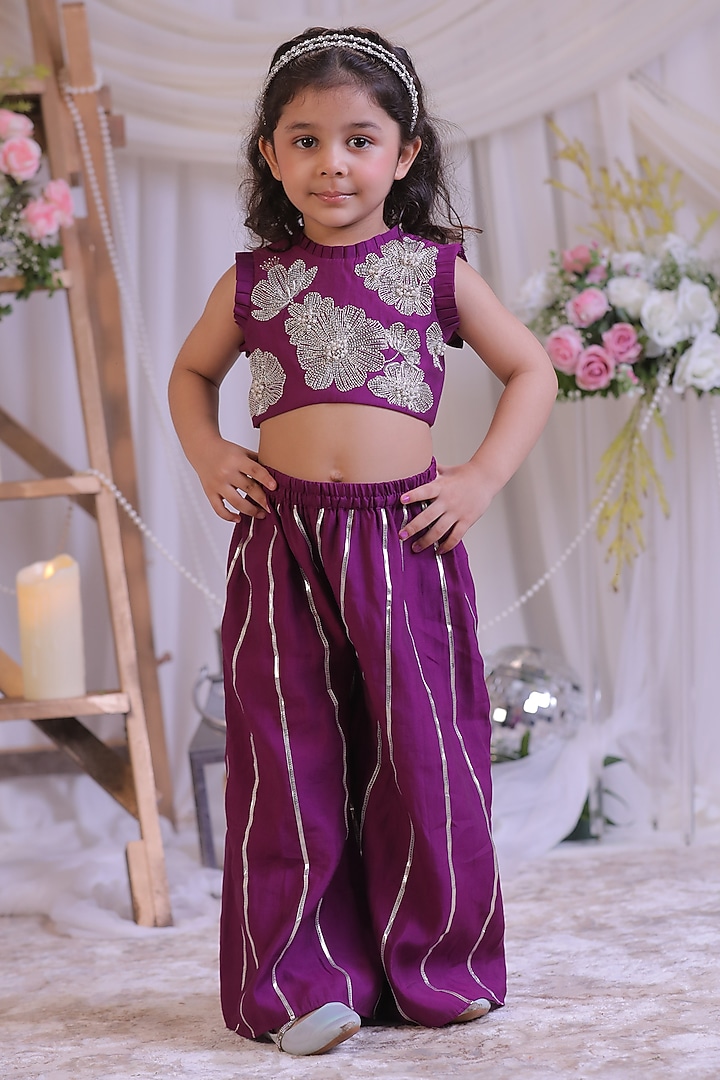Purple Silk Cutdana Work Palazzo Pant Set For Girls by Li'l Angels at Pernia's Pop Up Shop