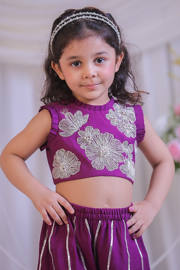 Purple Silk Cutdana Work Palazzo Pant Set For Girls by Li'l Angels at Pernia's Pop Up Shop
