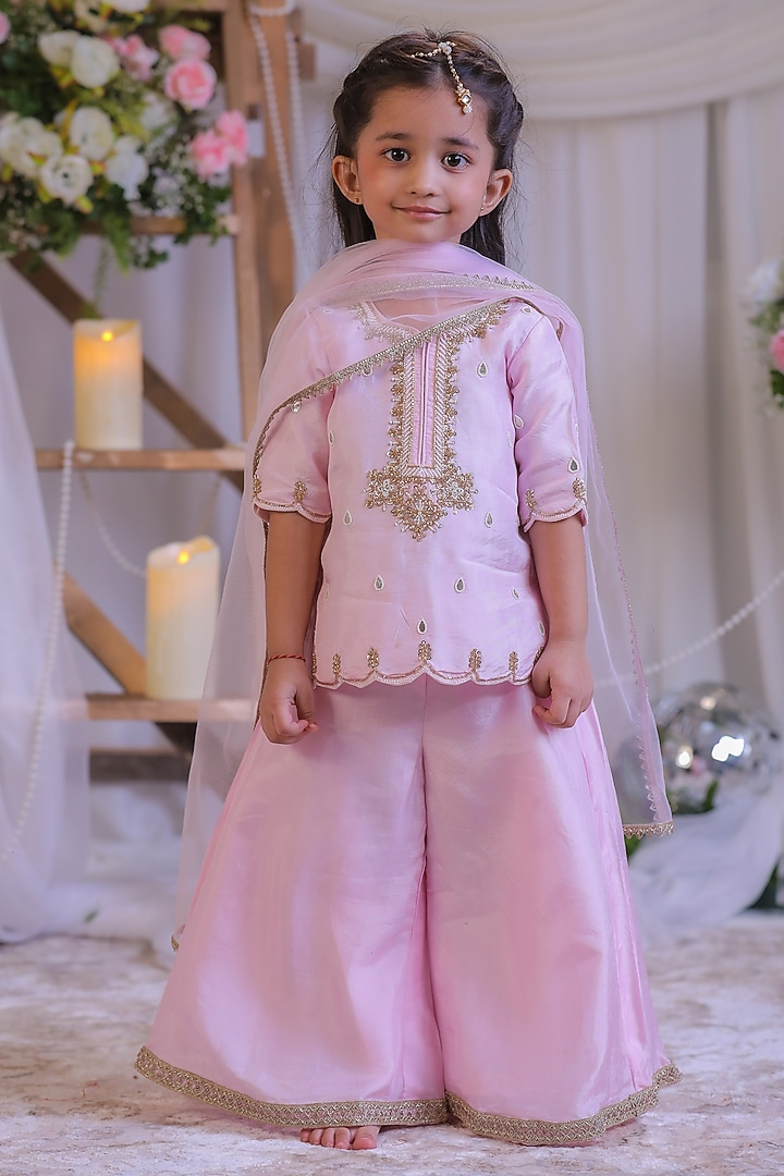 Pink Roman Silk Pearl Embroidered Palazzo Pant Set For Girls by Li'l Angels at Pernia's Pop Up Shop