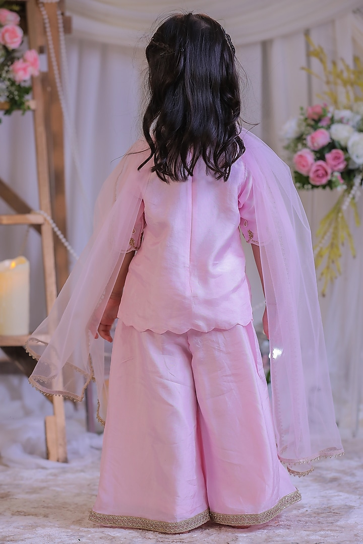 Pink Roman Silk Pearl Embroidered Palazzo Pant Set For Girls by Li'l Angels at Pernia's Pop Up Shop