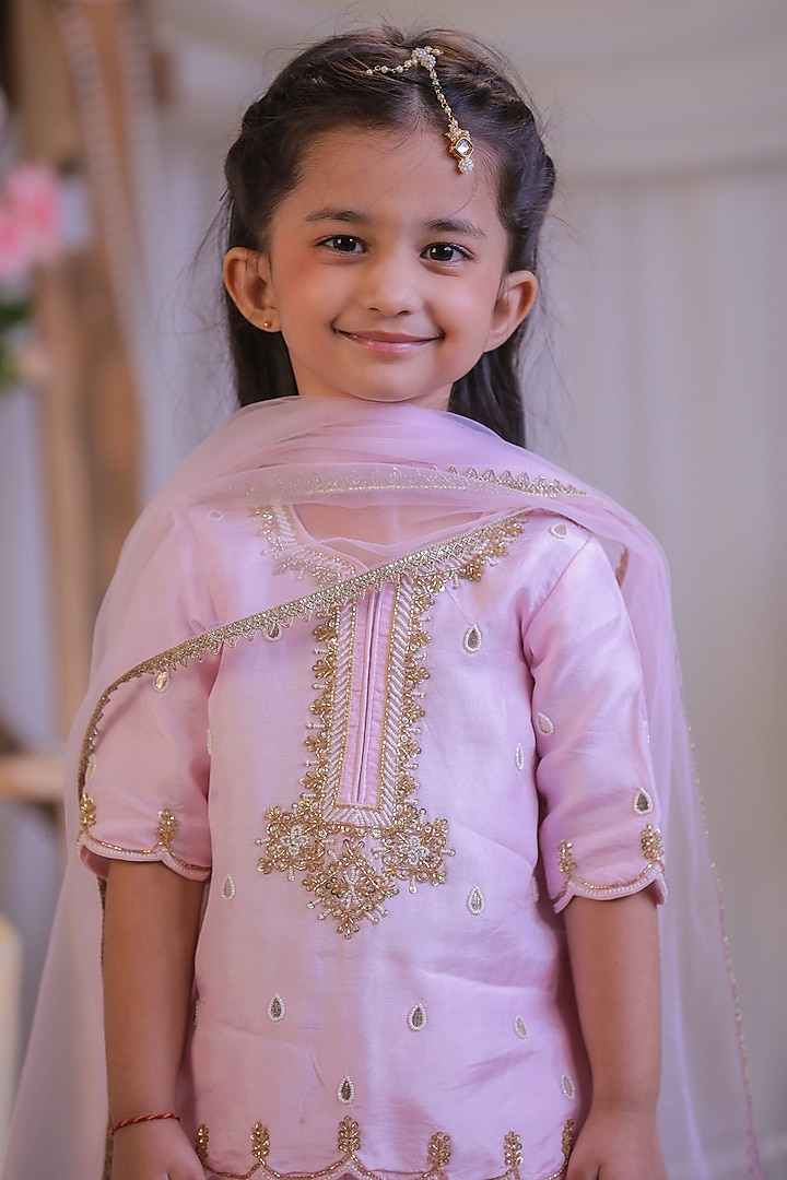 Pink Roman Silk Pearl Embroidered Palazzo Pant Set For Girls by Li'l Angels at Pernia's Pop Up Shop
