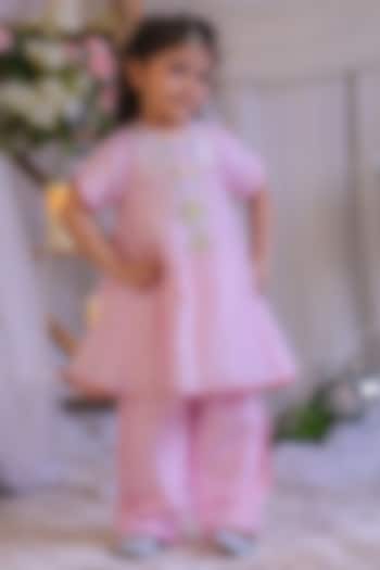 Pink Roman Silk Sequins Work Kurta Set For Girls by Li'l Angels at Pernia's Pop Up Shop