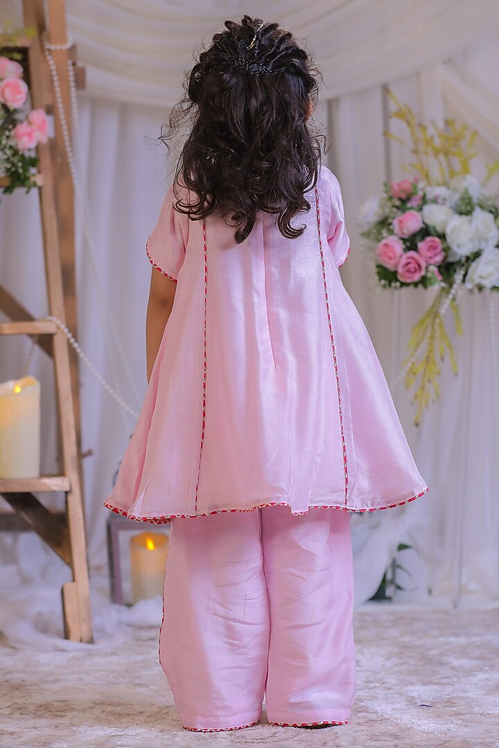 Pink Roman Silk Sequins Work Kurta Set For Girls by Li'l Angels at Pernia's Pop Up Shop