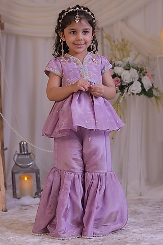 Purple Shimmer Silk Sharara Set For Girls by Li'l Angels