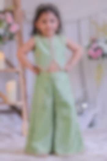 Green Shimmer Silk Palazzo Pant Set For Girls by Li'l Angels at Pernia's Pop Up Shop