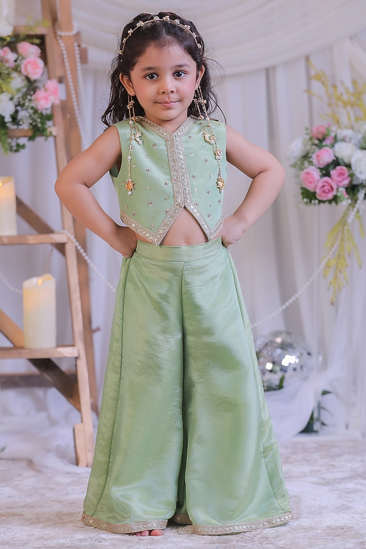 Green Shimmer Silk Palazzo Pant Set For Girls by Li'l Angels at Pernia's Pop Up Shop