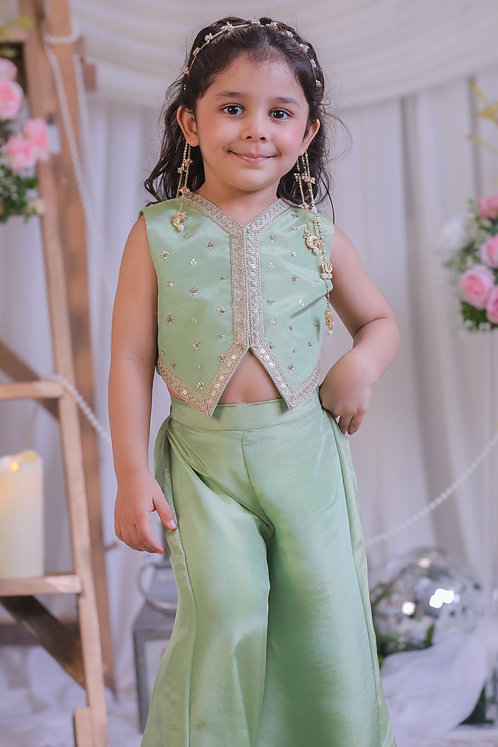 Green Shimmer Silk Palazzo Pant Set For Girls by Li'l Angels at Pernia's Pop Up Shop