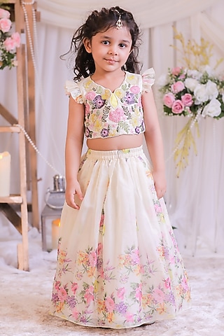 Off-White Organza Lehenga Set For Girls by Li'l Angels