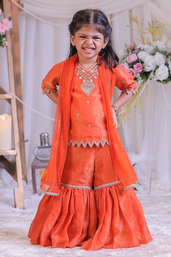 Orange Net Sharara Set For Girls by Li'l Angels at Pernia's Pop Up Shop