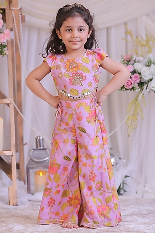 Lilac Pure Muslin Silk Printed Palazzo Pant Set For Girls by Li'l Angels