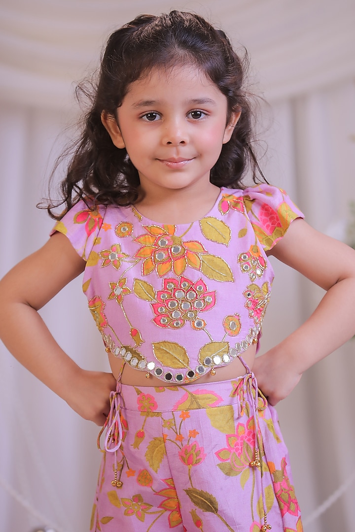 Lilac Pure Muslin Silk Printed Palazzo Pant Set For Girls by Li'l Angels at Pernia's Pop Up Shop