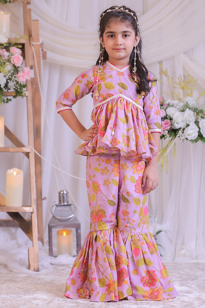 Lilac Pure Muslin Silk Printed Palazzo Pant Set For Girls by Li'l Angels at Pernia's Pop Up Shop