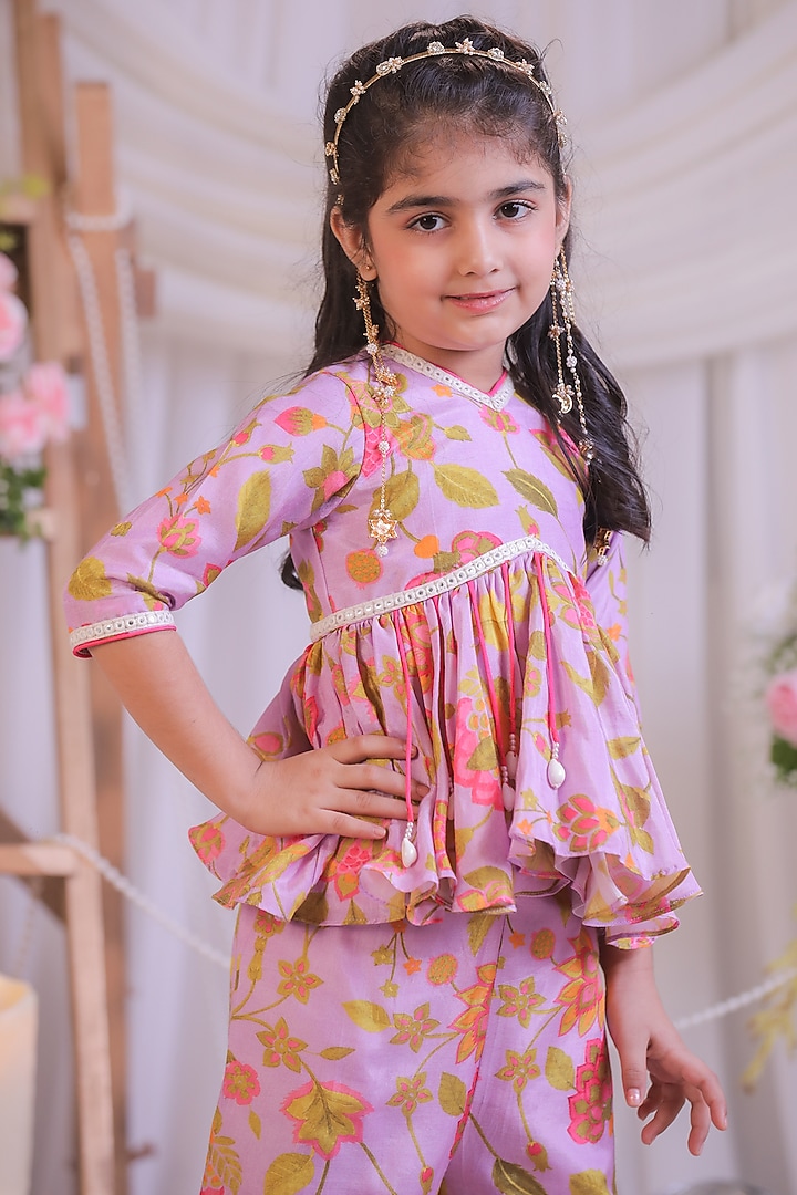 Lilac Pure Muslin Silk Printed Palazzo Pant Set For Girls by Li'l Angels at Pernia's Pop Up Shop