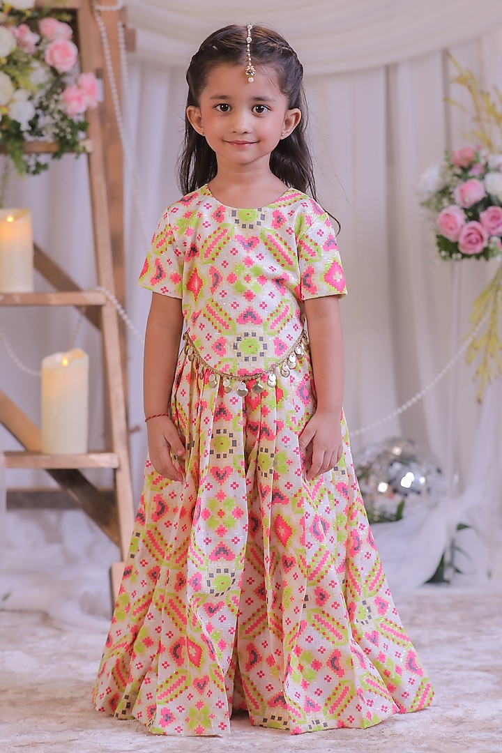 Multi-Colored Embroidered Silk Ikkat Palazzo Pant Set For Girls by Li'l Angels at Pernia's Pop Up Shop