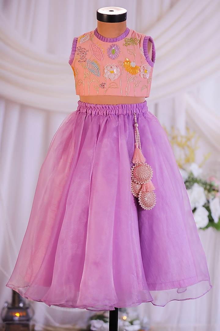 Lilac Organza Lehenga Set For Girls by Li'l Angels at Pernia's Pop Up Shop