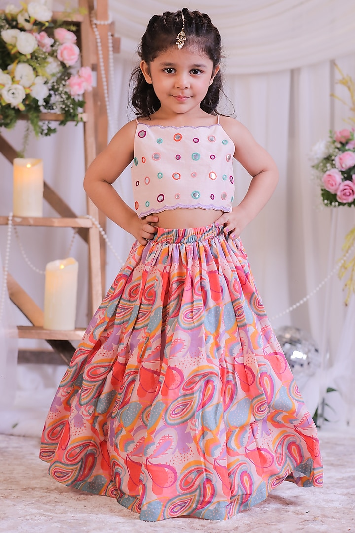 Multi-Colored Pure Muslin Silk Mirror Work Lehenga Set For Girls by Li'l Angels at Pernia's Pop Up Shop