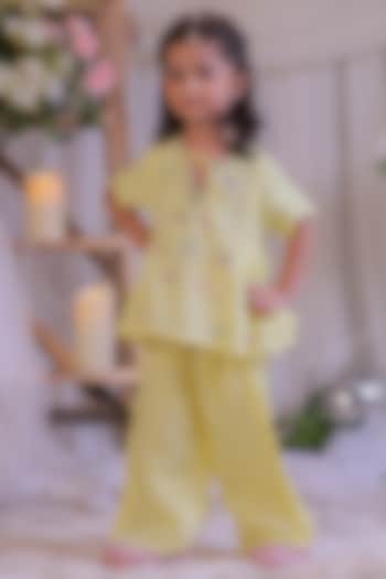 Yellow Shimmer Silk Embroidered Palazzo Pant Set For Girls by Li'l Angels at Pernia's Pop Up Shop