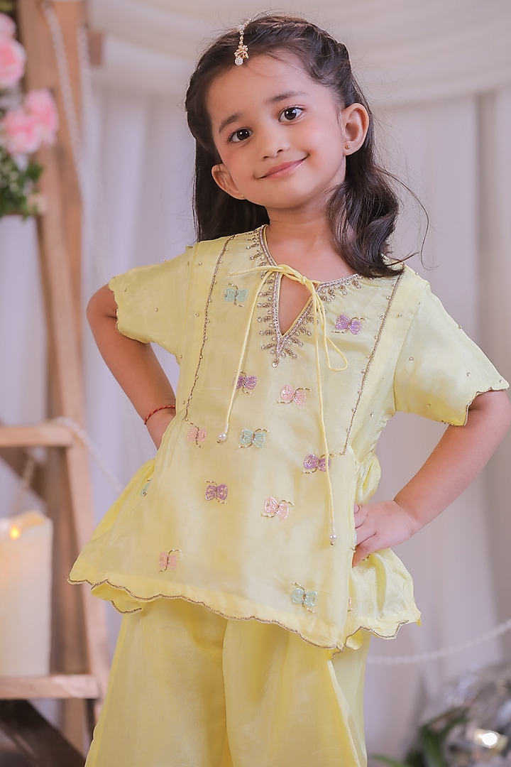 Yellow Shimmer Silk Embroidered Palazzo Pant Set For Girls by Li'l Angels at Pernia's Pop Up Shop