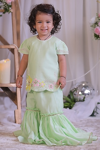 Green Roman Silk Floral Sequins Work Sharara Set For Girls by Li'l Angels