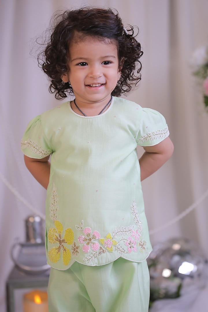 Green Roman Silk Floral Sequins Work Sharara Set For Girls by Li'l Angels at Pernia's Pop Up Shop