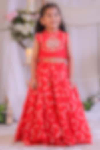 Red Silk Bandhej Embroidered Lehenga Set For Girls by Li'l Angels at Pernia's Pop Up Shop