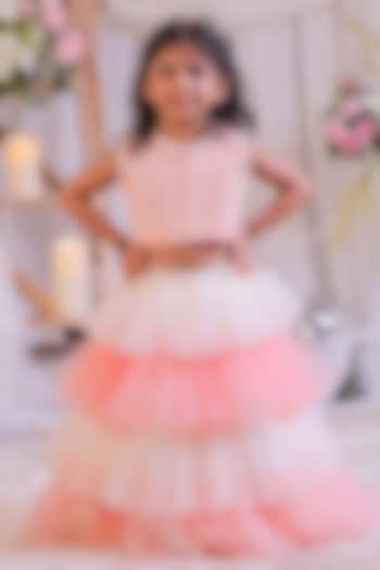 Peach & Off-White Net Frilled Lehenga Set For Girls by Li'l Angels at Pernia's Pop Up Shop