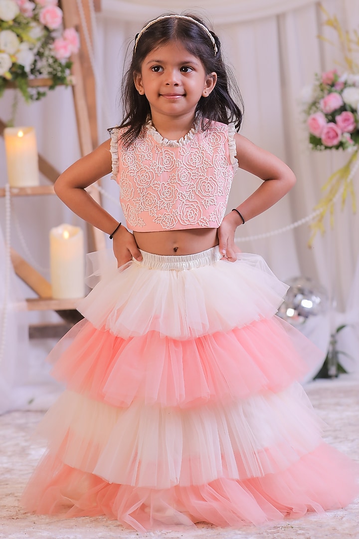 Peach & Off-White Net Frilled Lehenga Set For Girls by Li'l Angels at Pernia's Pop Up Shop