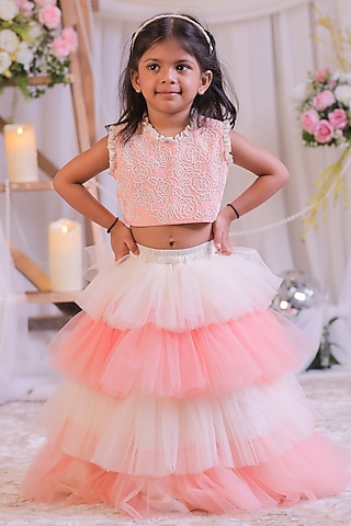 Peach & Off-White Net Frilled Lehenga Set For Girls by Li'l Angels