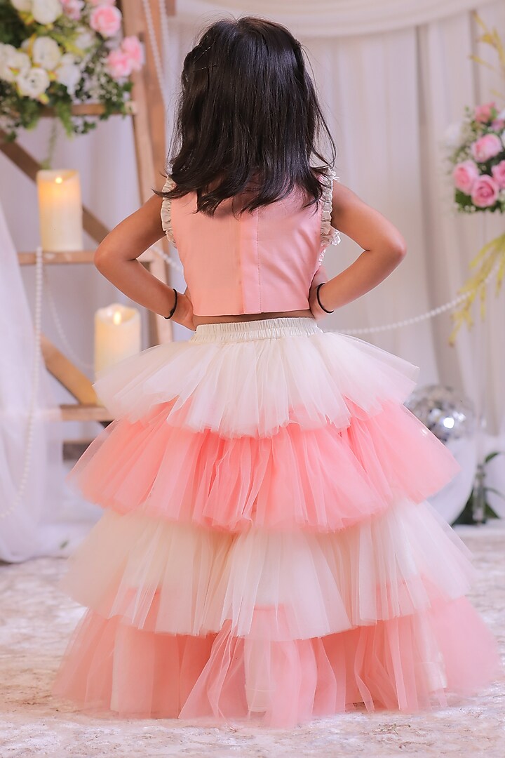 Peach & Off-White Net Frilled Lehenga Set For Girls by Li'l Angels at Pernia's Pop Up Shop