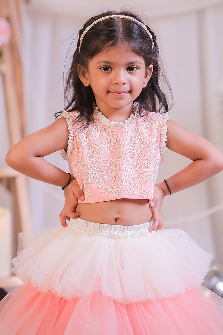 Peach & Off-White Net Frilled Lehenga Set For Girls by Li'l Angels at Pernia's Pop Up Shop