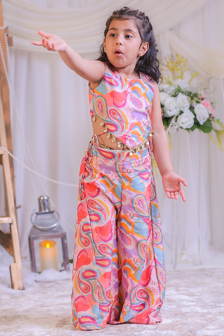 Multi-Colored Pure Muslin Silk Paisley Palazzo Pant Set For Girls by Li'l Angels at Pernia's Pop Up Shop