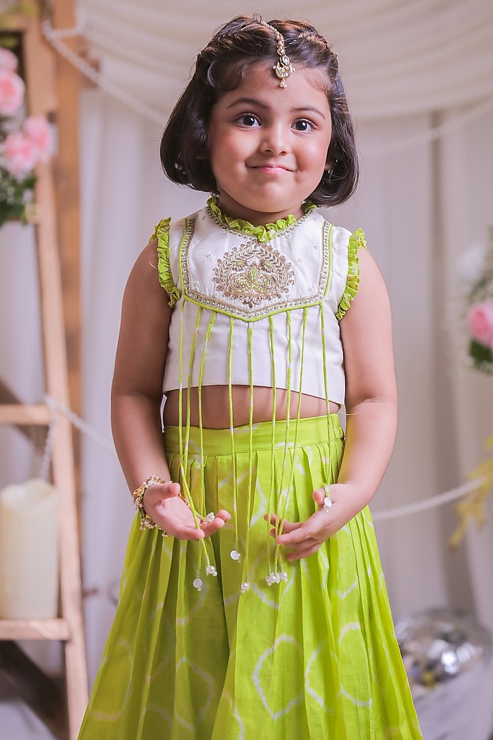 Green Roman Silk Bandhej Embroidered Palazzo Pant Set For Girls by Li'l Angels at Pernia's Pop Up Shop