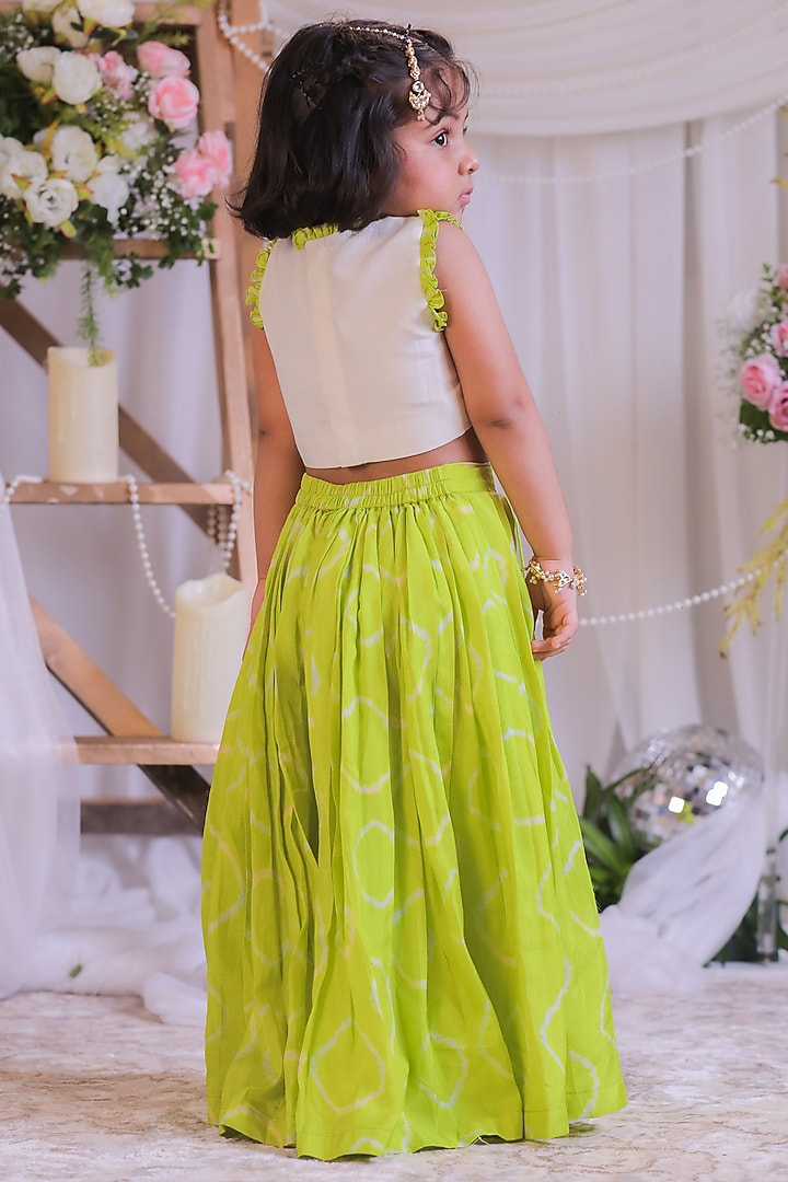 Green Roman Silk Bandhej Embroidered Palazzo Pant Set For Girls by Li'l Angels at Pernia's Pop Up Shop