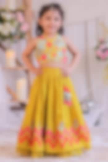 Mustard Roman Silk Applique Embroidered Lehenga Set For Girls by Li'l Angels at Pernia's Pop Up Shop