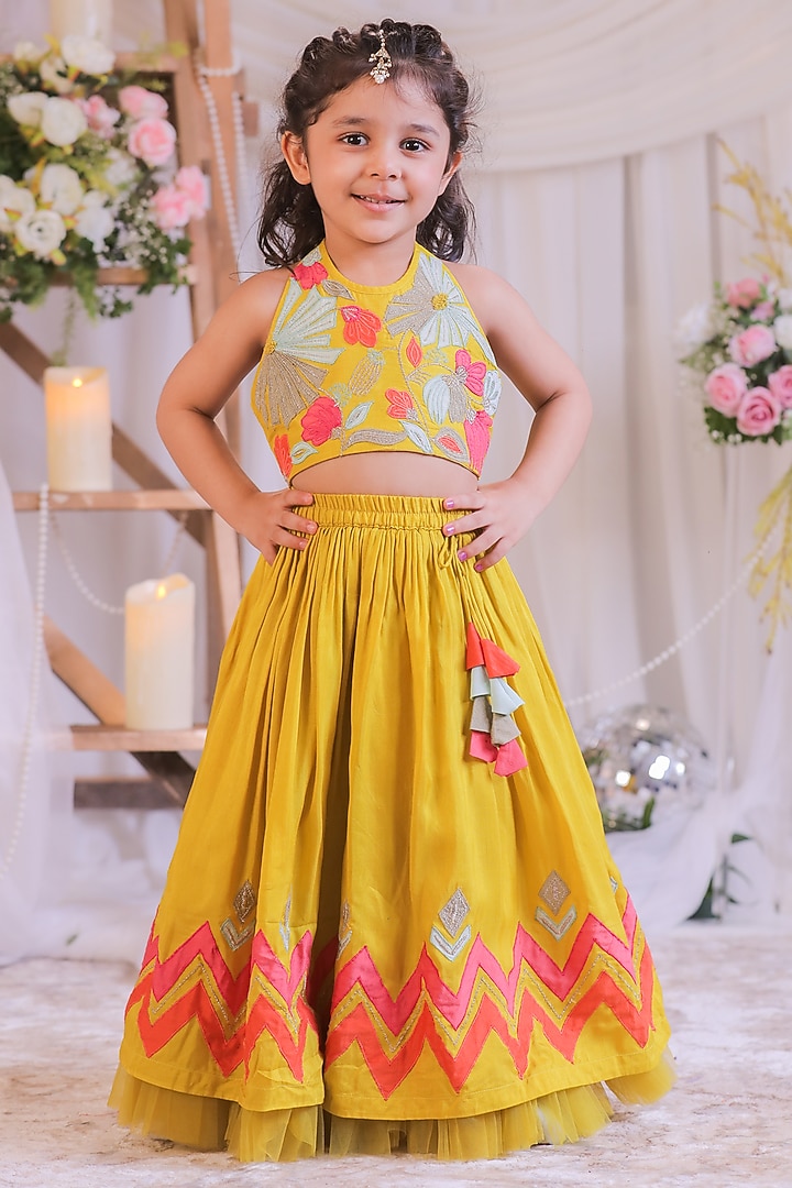 Mustard Roman Silk Applique Embroidered Lehenga Set For Girls by Li'l Angels at Pernia's Pop Up Shop