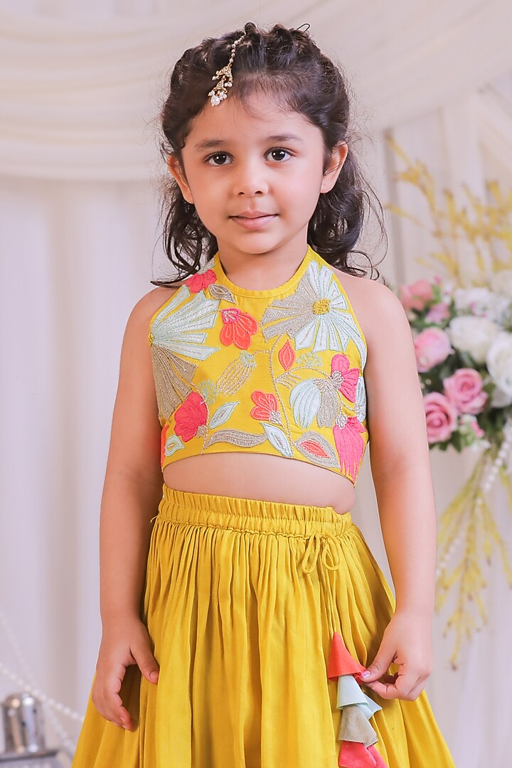 Mustard Roman Silk Applique Embroidered Lehenga Set For Girls by Li'l Angels at Pernia's Pop Up Shop