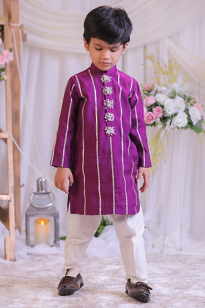 Purple Silk Cutdana Work Kurta Set For Boys by Li'l Angels at Pernia's Pop Up Shop