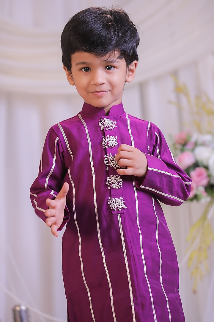 Purple Silk Cutdana Work Kurta Set For Boys by Li'l Angels at Pernia's Pop Up Shop