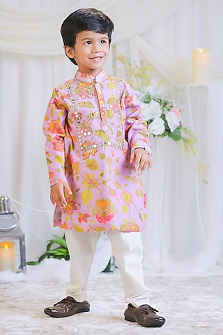 Lilac Pure Silk Muslin Printed Kurta Set For Boys by Li'l Angels