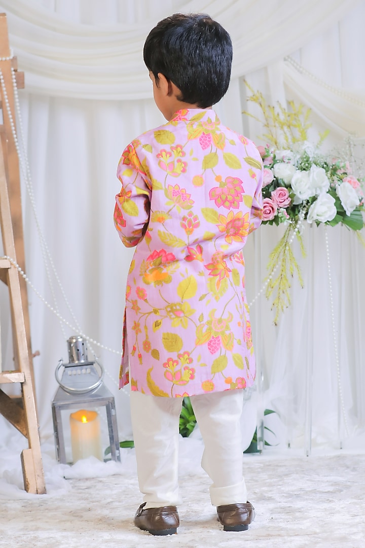 Lilac Pure Silk Muslin Printed Kurta Set For Boys by Li'l Angels at Pernia's Pop Up Shop