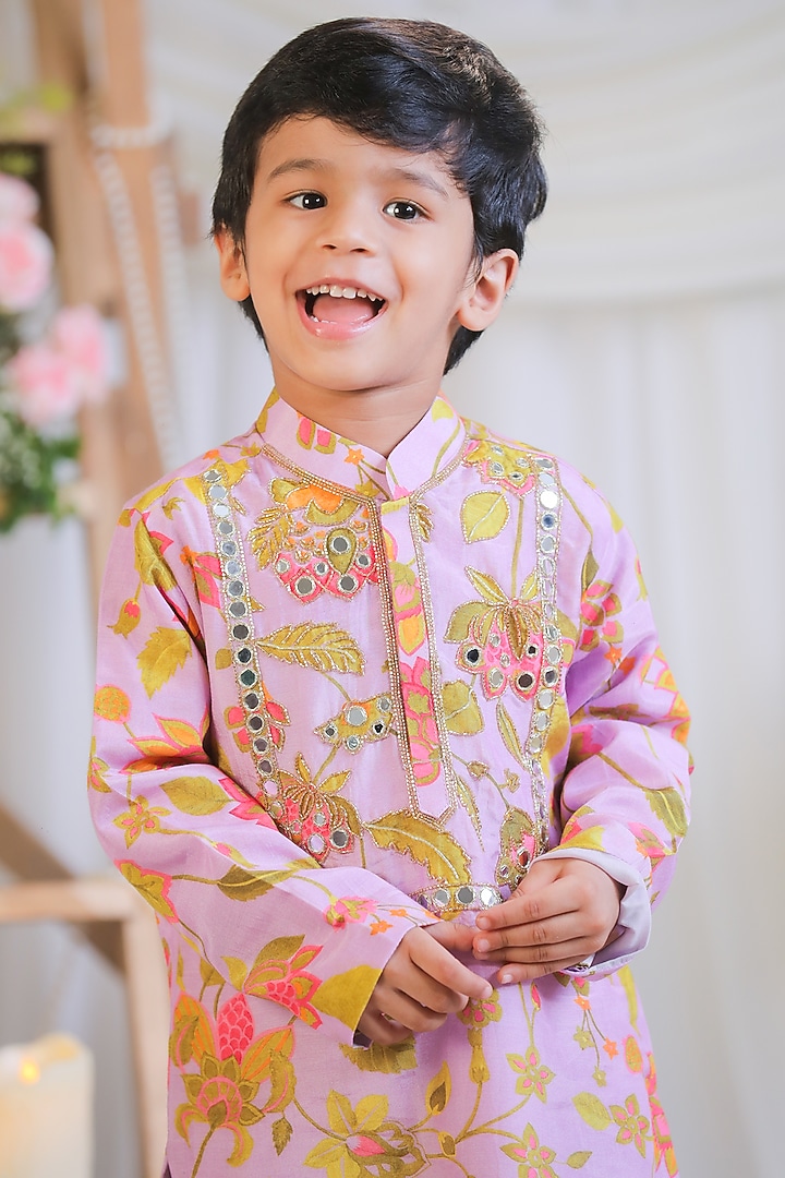 Lilac Pure Silk Muslin Printed Kurta Set For Boys by Li'l Angels at Pernia's Pop Up Shop