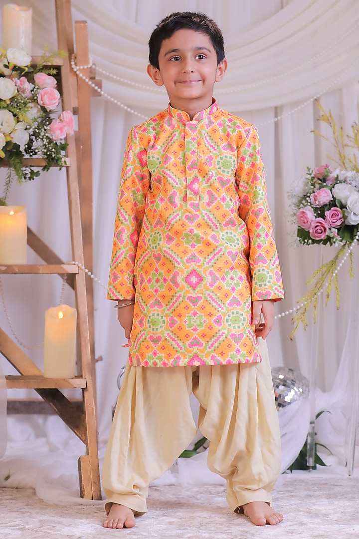 Orange Embroidered Silk Ikkat Kurta Set For Boys by Li'l Angels at Pernia's Pop Up Shop