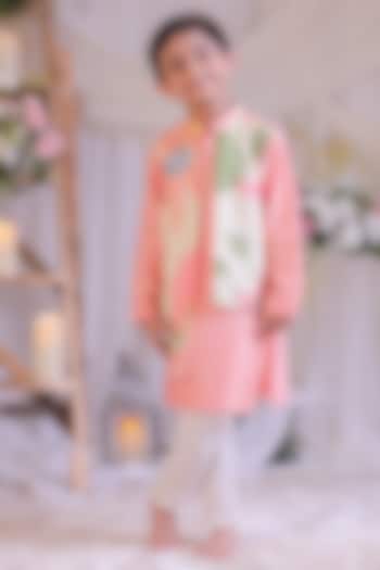 Peach & Off-White Roman Silk Kurta Set For Boys by Li'l Angels at Pernia's Pop Up Shop