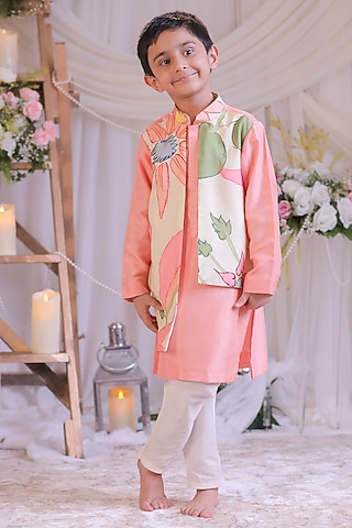 Peach & Off-White Roman Silk Kurta Set For Boys by Li'l Angels