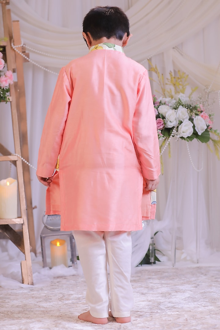 Peach & Off-White Roman Silk Kurta Set For Boys by Li'l Angels at Pernia's Pop Up Shop