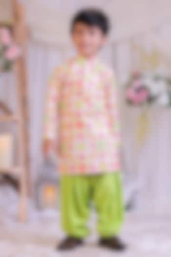 White Embroidered Silk Ikkat Kurta Set For Boys by Li'l Angels at Pernia's Pop Up Shop